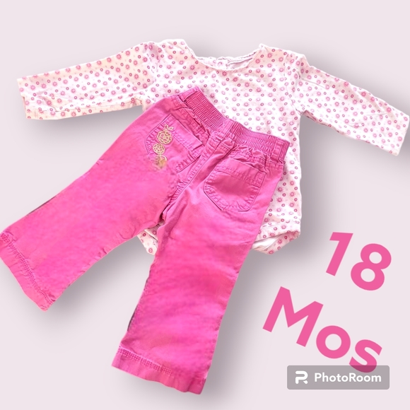 Girls 18 Months Oshkosh pants with two Patterned Onesies - Picture 3 of 4